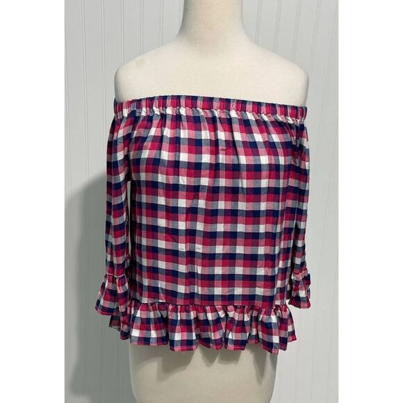Jane & Delancey Blouse Picnic Pleasant Plaid Off The Shoulder Top Red Small - Picture 10 of 10